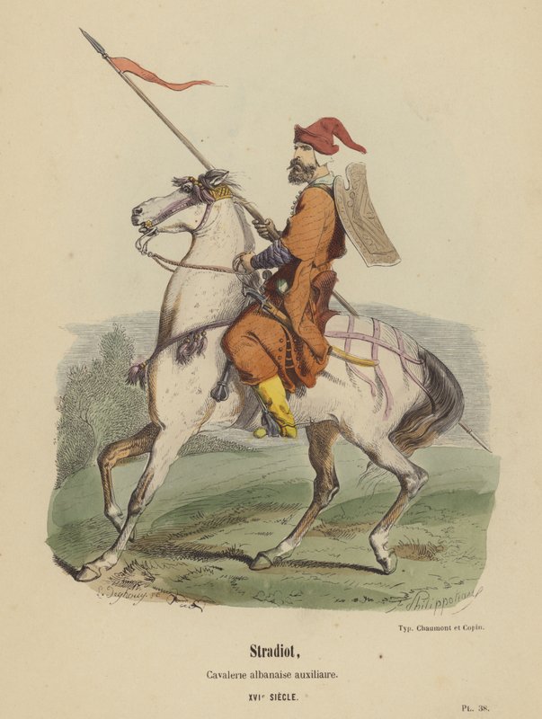 Stradiot, Yardımcı Arnavut Süvarileri, XVI. Yüzyıl (renkli gravür) by French School