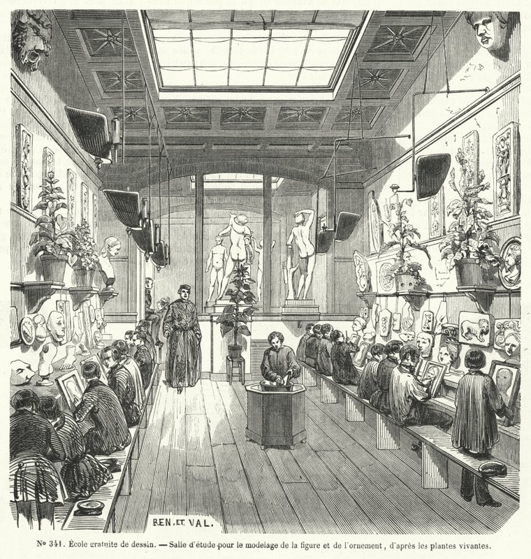 Ücretsiz bir çizim okulunda bir sınıftaki öğrenciler, Fransa (gravür) by French School