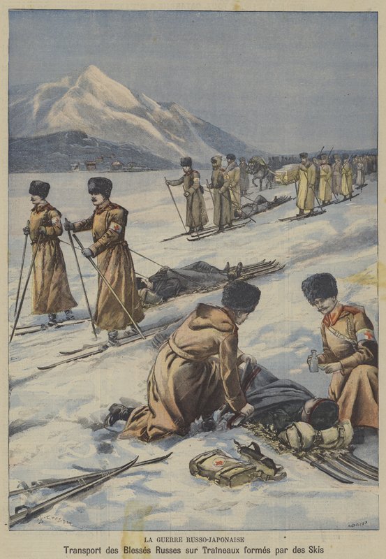 Rus-Japon Savaşı: yaralı Rus askerlerinin kayaklardan yapılmış kızaklarda taşınması (renkli taş) by French School