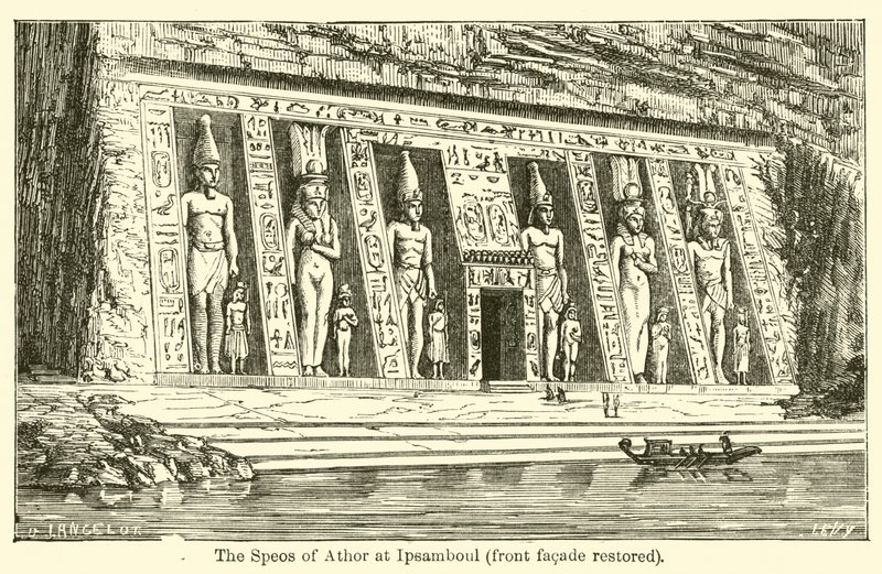 Ipsammboul'daki Athor'un Speos'u, ön cephe restore edildi (gravür) by French School