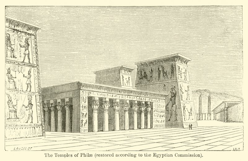 Mısır Komisyonuna göre restore edilmiş Philae Tapınakları (gravür) by French School