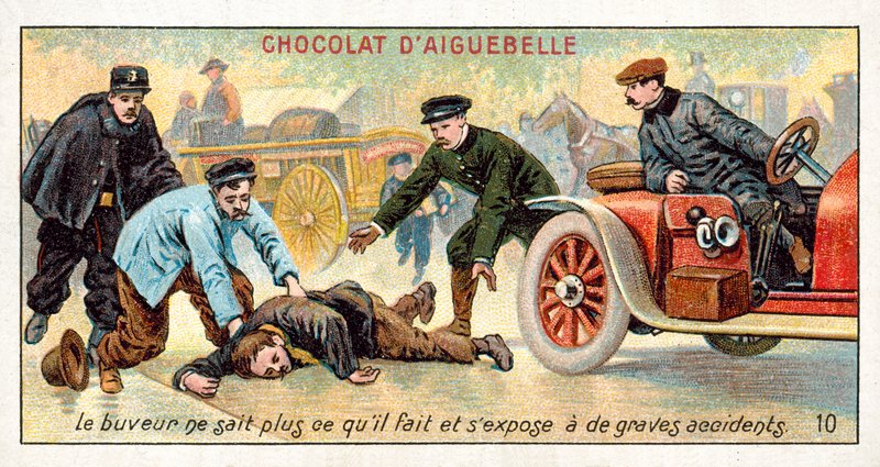 Sarhoş ne yaptığını bilmiyor ve kendisini ciddi kaza riskine maruz bırakıyor (chromolitho) by French School