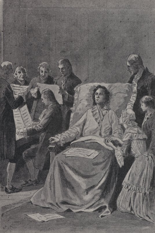 Ölmekte olan Wolfgang Amadeus Mozart, arkadaşlarının Dostluğa Övgü Kantatını icra etmelerini dinlerken (gravür) by French School
