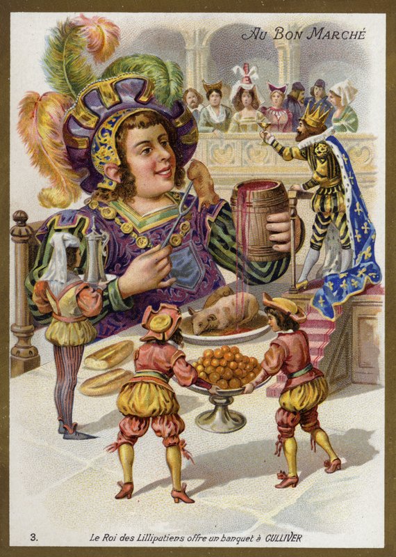 Lilliputluların kralı Gulliver (chromolitho) için bir ziyafet veriyor by French School