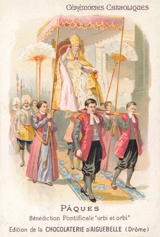 Papa, geleneksel Paskalya kutsamasını (chromolitho) yapmak için taşınıyor by French School
