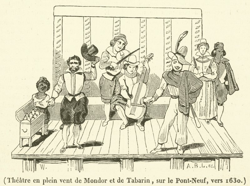 Mondor ve Tabarin açık hava tiyatrosu, Pont-Neuf üzerinde, yaklaşık 1630 (gravür) by French School