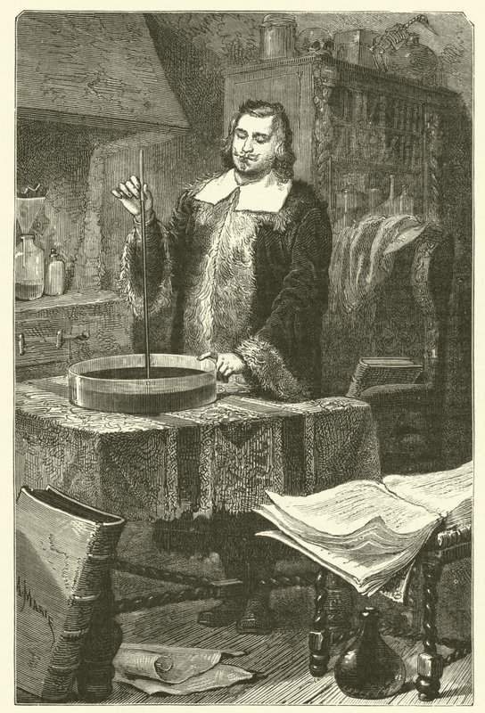 Torricelli barometreyi icat ediyor (gravür) by French School