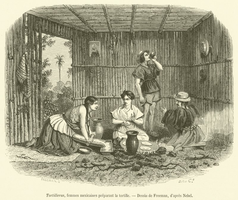 Tortilleras, tortilla hazırlayan Meksikalı kadınlar (gravür) by French School
