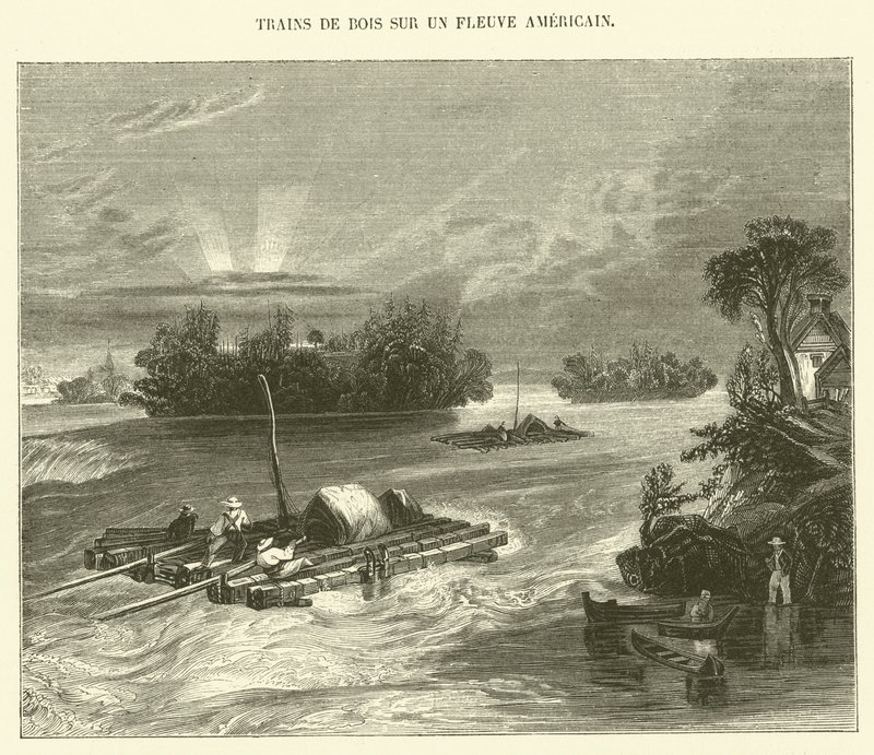 Bir Amerikan Nehri Üzerindeki Ahşap Trenler (gravür) by French School