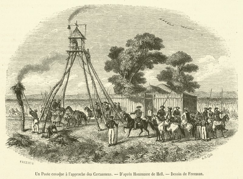 Çerkeslere yaklaşan bir Kazak direği (gravür) by French School