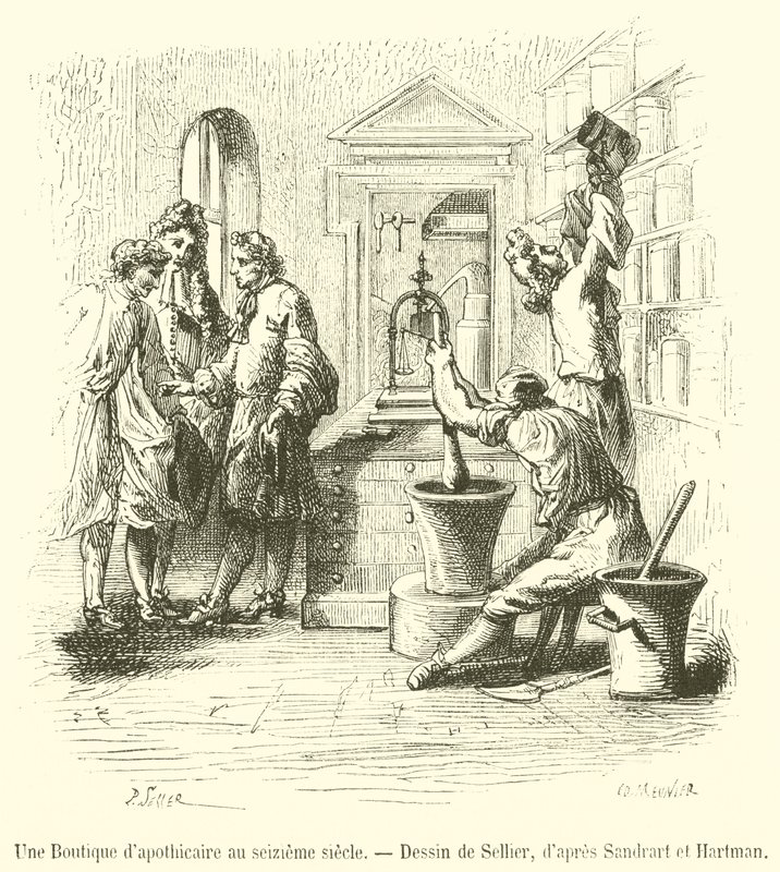 On altıncı yüzyılda bir eczacının dükkanı (gravür) by French School