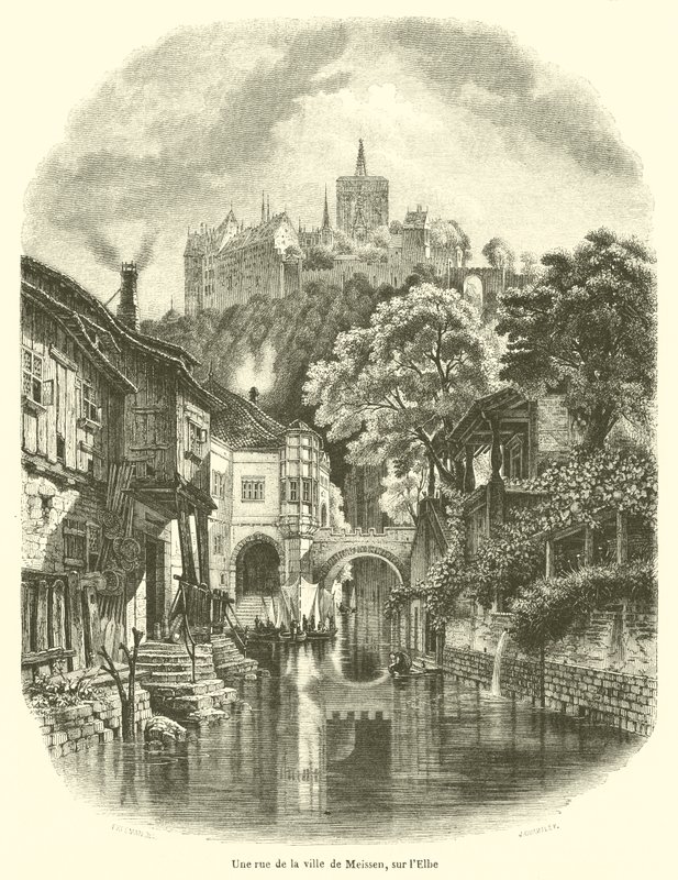 Elbe üzerinde Meissen şehrinde bir sokak (gravür) by French School