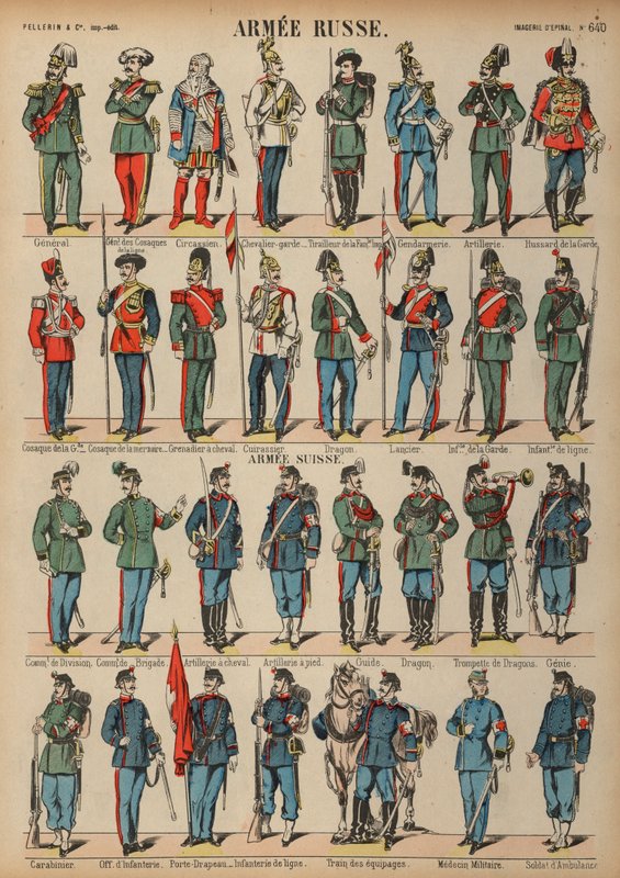 Rus ve İsviçre ordularının üniformaları (renkli gravür) by French School