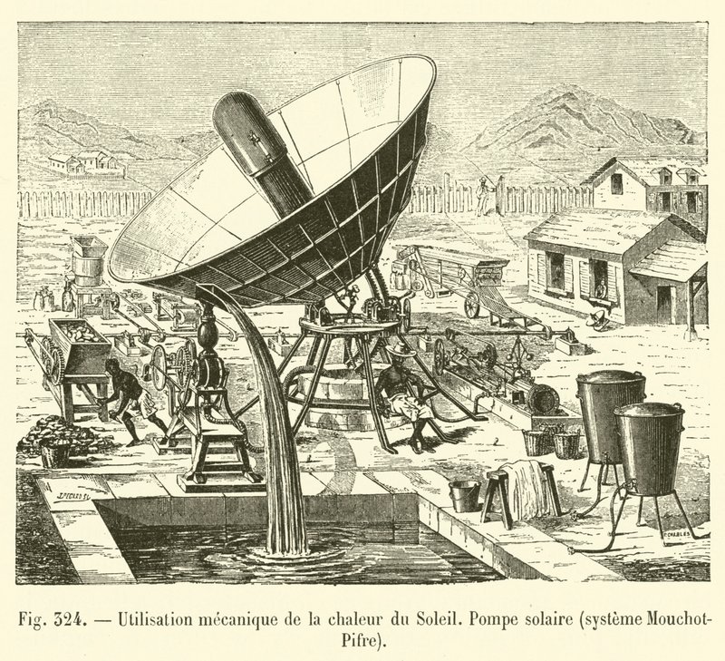 Güneş ısısının mekanik kullanımı, güneş enerjisi pompası, Mouchot-Pifre sistemi (gravür) by French School