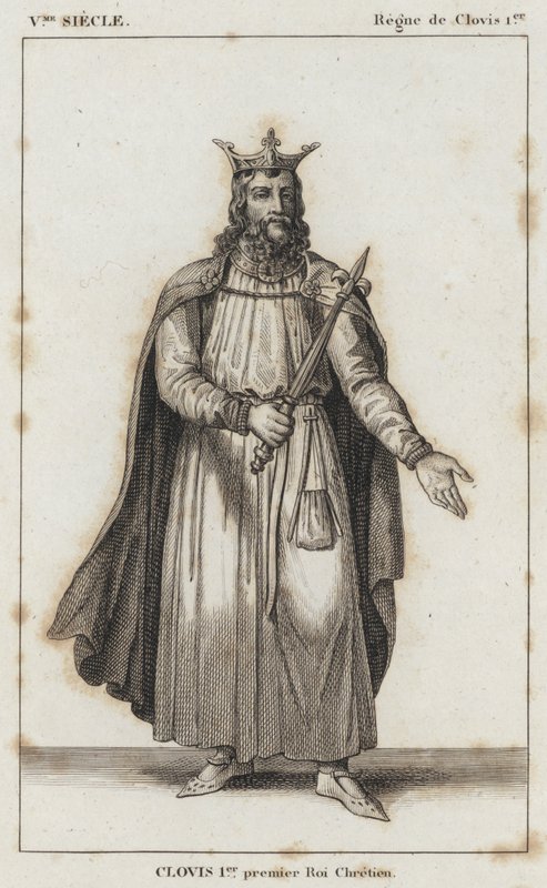 V Yüzyıl, Clovis I saltanatı, Clovis I, ilk Hıristiyan Kral (gravür) by French School