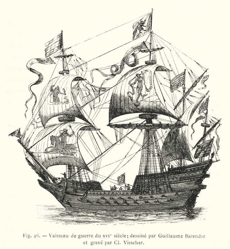 16. yüzyıl savaş gemisi; Guillaume Barendsz tarafından çizilmiş ve Cl Visscher tarafından oyulmuş (gravür) by French School