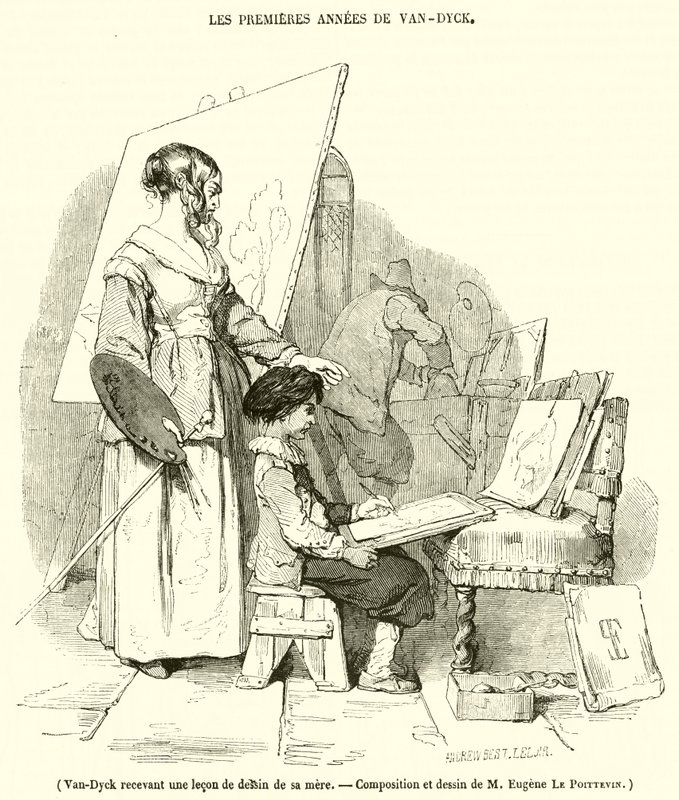 Van-Dyck annesinden çizim dersi alıyor (gravür) by French School
