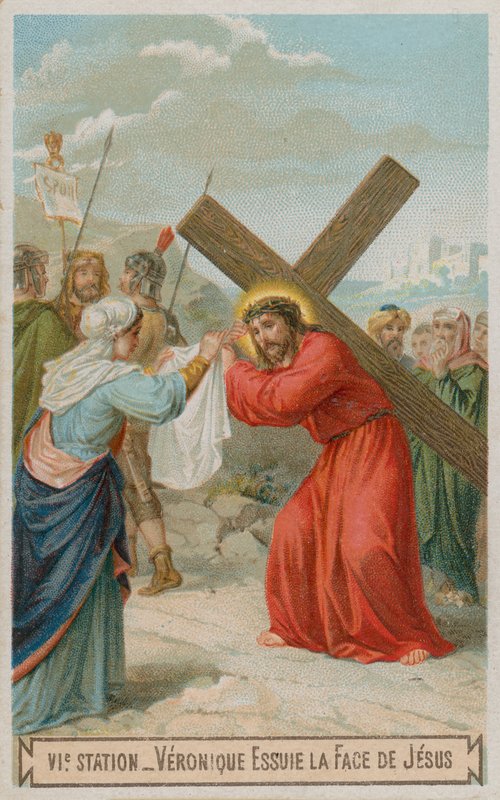 Veronica, İsa'nın yüzünü siler. Haç'ın altıncı İstasyonu by French School