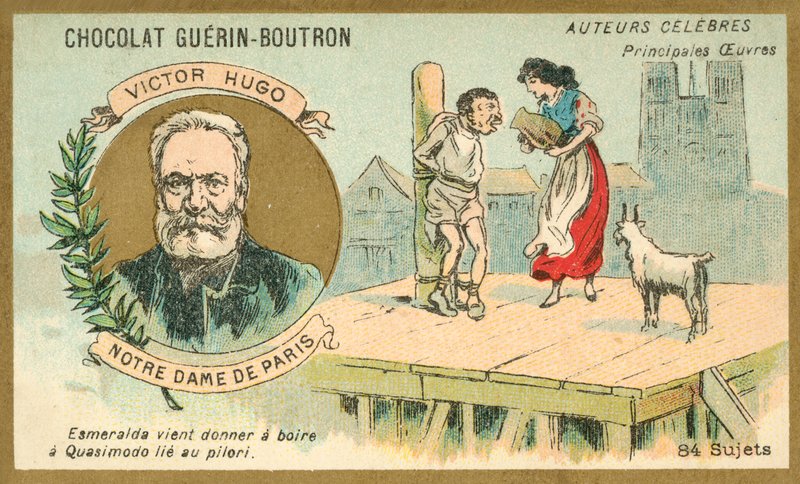 Victor Hugo, Fransız yazar ve Notre Dame de Paris (chromolitho) adlı romanından bir sahne by French School