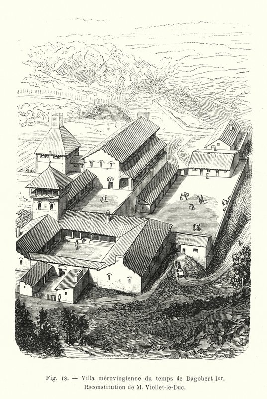 Dagobert I zamanından kalma Merovenj villası, M Viollet-le-Duc tarafından Yeniden Yapılanma (gravür) by French School