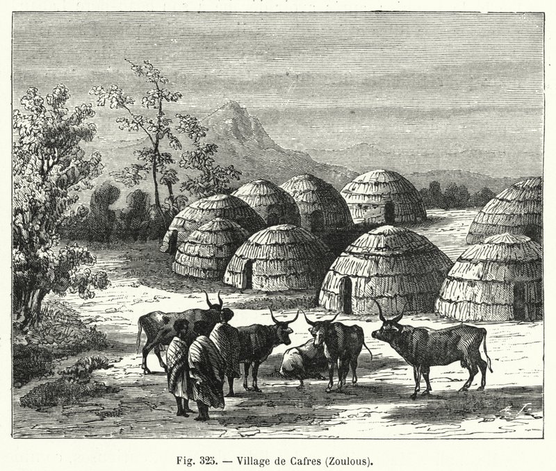 Cafres Köyü, Zulus (gravür) by French School