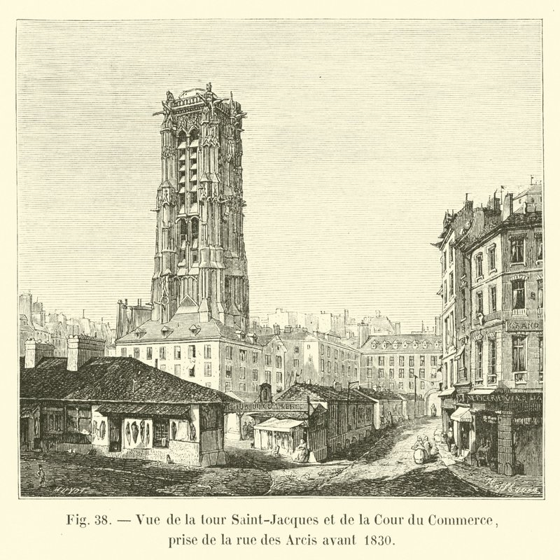 1830'dan önce rue des Arcis'ten alınan Saint-Jacques kulesi ve Cour du Commerce'in görünümü by French School