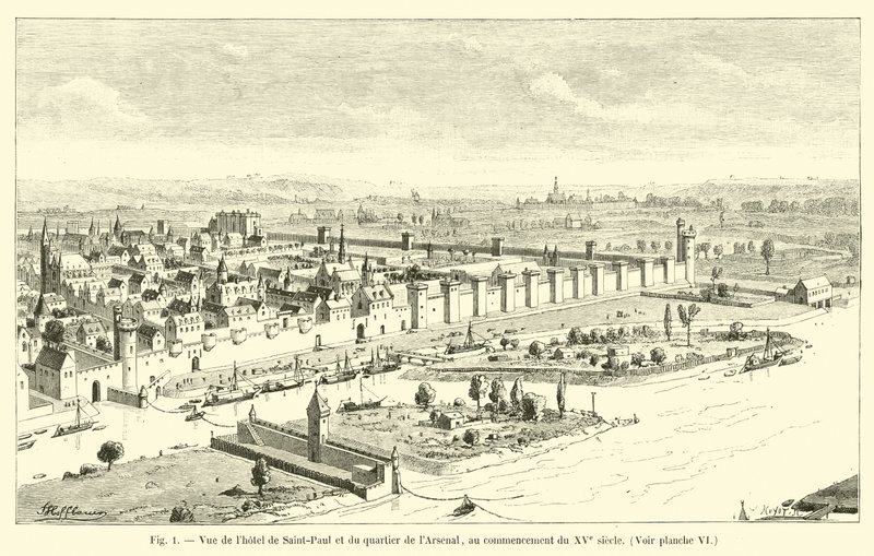 Hôtel de Saint-Paul ve Arsenal bölgesinin 15. yüzyılın başındaki görünümü, Bkz. levha VI by French School