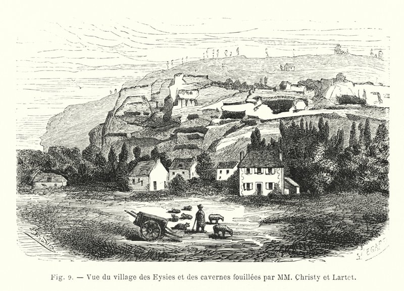 Les Eysies köyünün ve MM Christy ve Lartet tarafından kazılan mağaraların görünümü (gravür) by French School