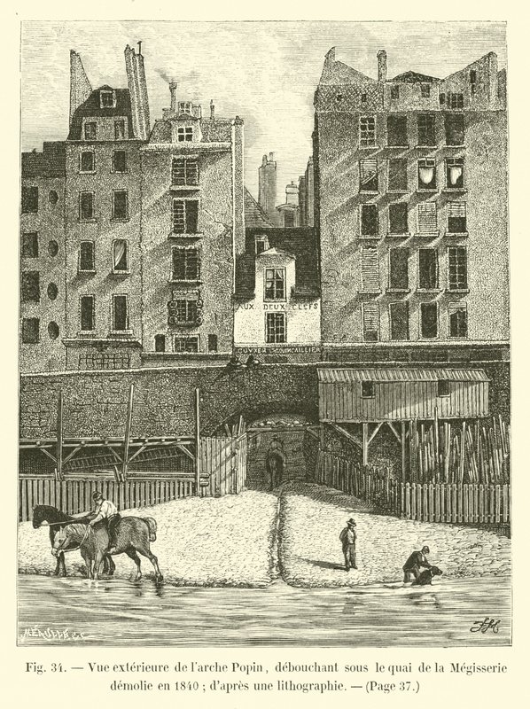 1840 yılında yıkılan Megisserie rıhtımının altından çıkan Popin kemerinin dış görünümü; bir litografiden by French School