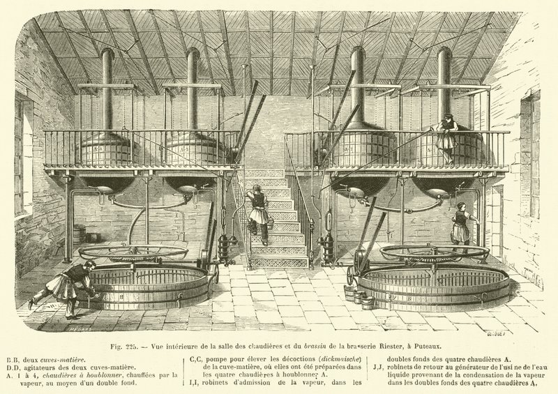 Puteaux'daki Riester bira fabrikasının kazan dairesi ve bira fabrikasının iç görünümü (gravür) by French School