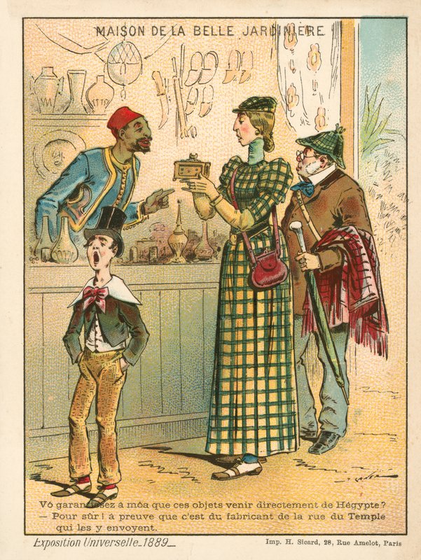 Mısır öğelerini inceleyen kadın, Exposition Universelle 1889, Paris (chromolitho) by French School