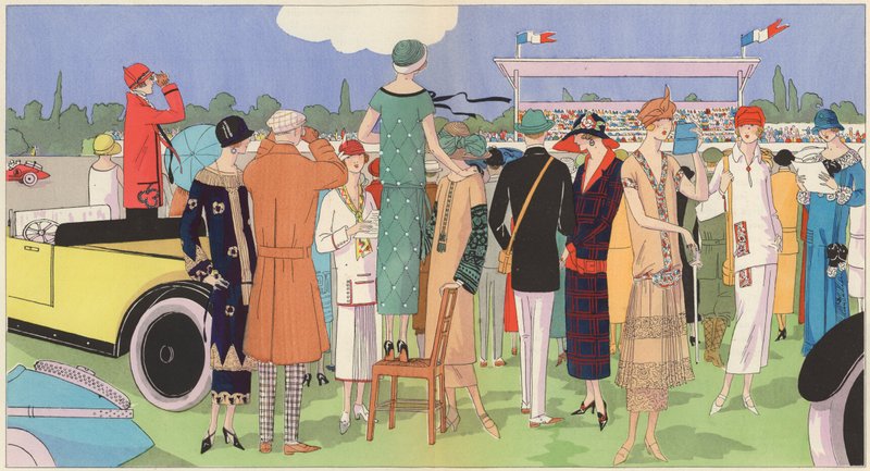 Jeanne Lanvin, Jean Patou, Premet, Georges Doeuillet gibi tasarımcıların yarışlarda kadın modası (renkli taş baskı) by French School
