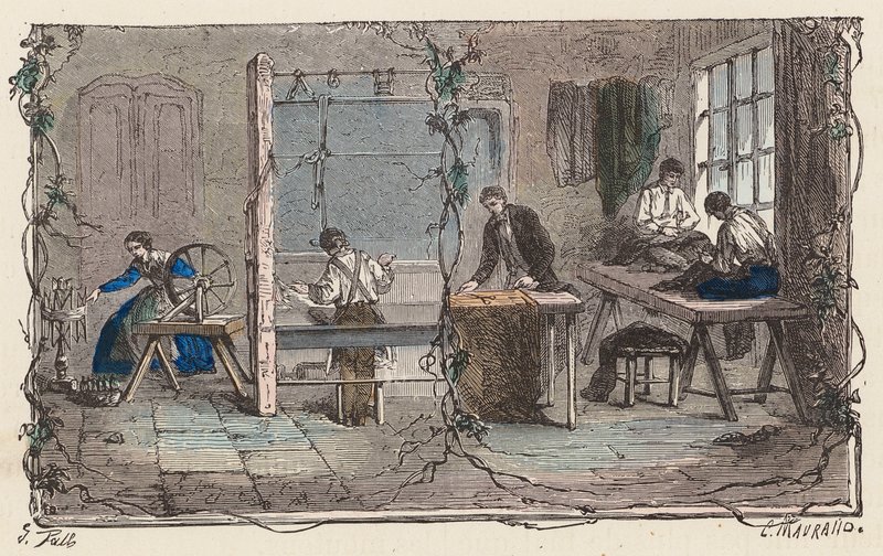 Yünle çalışma (renkli gravür) by French School