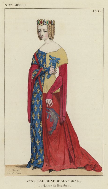 XIV Century, Auvergne'li Anne Dauphine, Bourbon Düşesi (renkli gravür) by French School