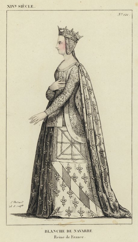 XIV Century, Blanche of Navarre, Fransa Kraliçesi (renkli gravür) by French School