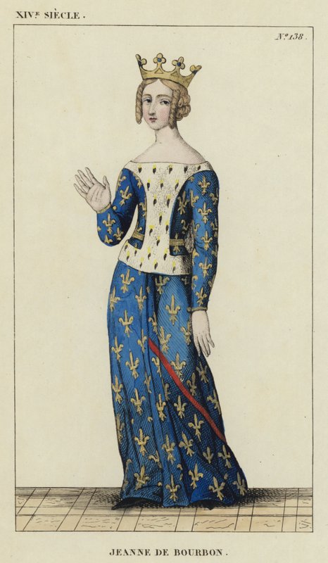 XIV Century, Joan of Bourbon (renkli gravür) by French School