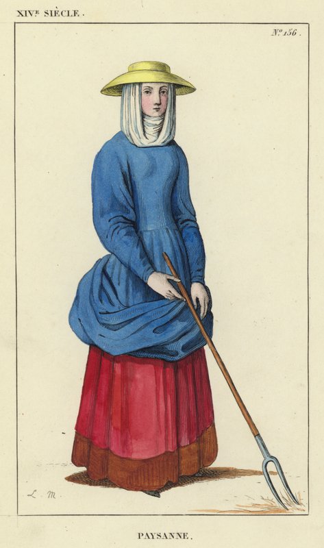 XIV Yüzyıl, Köylü Kadın (renkli gravür) by French School