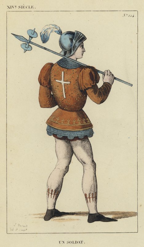 XIV Century, Bir Asker (renkli gravür) by French School