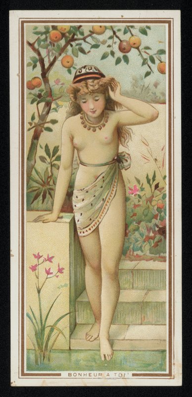 Bahçedeki genç kadın, tebrik kartı. (kromolito) by French School