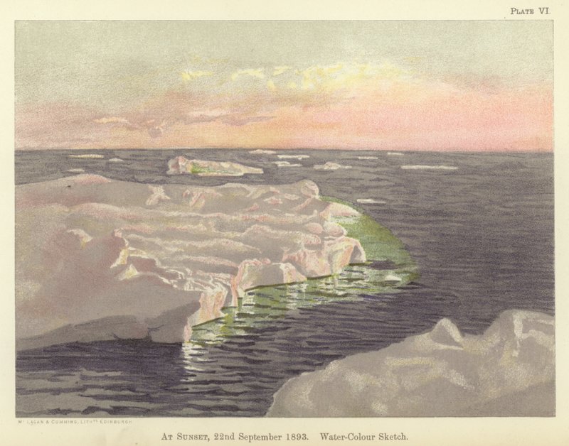 Gün batımında, 22 Eylül 1893, suluboya eskiz (renkli taş) by Fridtjof Nansen