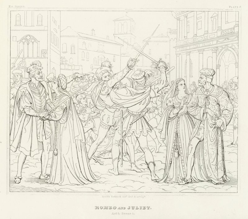 Romeo ve Juliet, I. Perde, 1. Sahne (gravür) by Friedrich August Moritz Retzsch