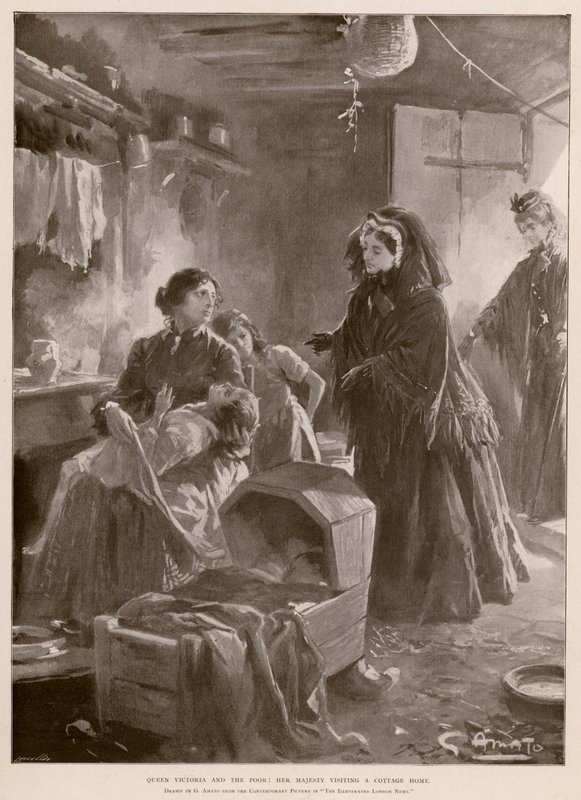 Kraliçe Victoria ve yoksullar: Kraliçe bir kulübeyi ziyaret ediyor (fotogravür) by G.S. (after) Amato