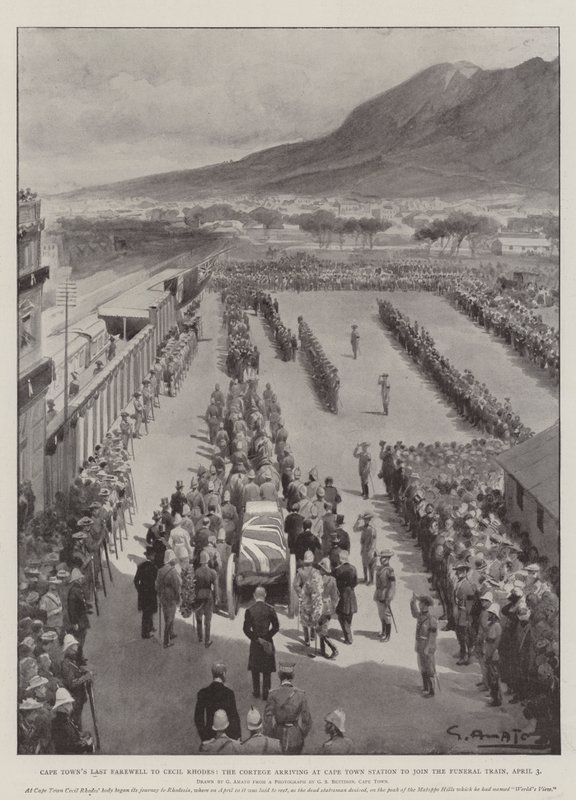 Cape Town'un Cecil Rhodes'a Son Vedası, Cenaze Trenine katılmak için Cape Town İstasyonu'na gelen Cortege, 3 Nisan by G.S. Amato