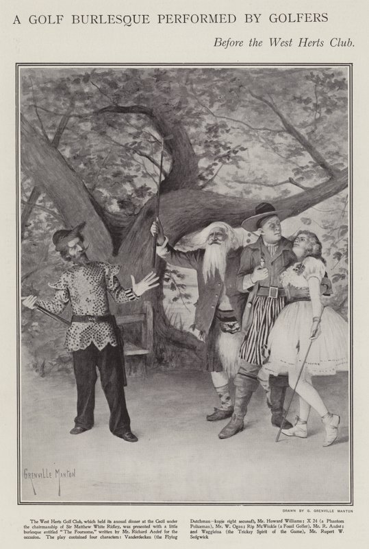 West Herts Club'ın yıllık akşam yemeğinde golfçüler tarafından gerçekleştirilen bir golf burlesque (litho) by G. Grenville Manton