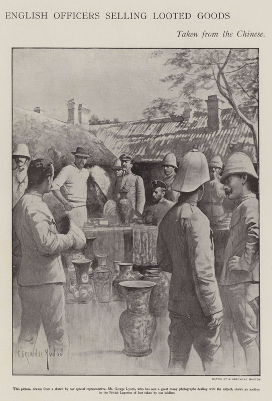 Boxer İsyanı sırasında Çinlilerden alınan yağmalanmış malları satan İngiliz subaylar (lito) by G. Grenville Manton