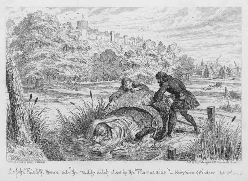 Sir John Falstaff, Thames tarafındaki çamurlu hendeğe atıldı by George Cruikshank