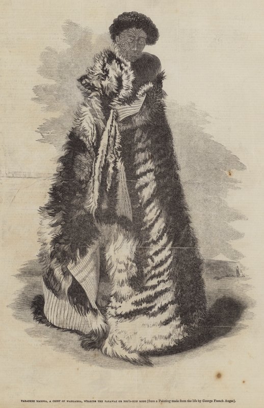 Wangaroa Şefi Paratene Maioha, Parawai veya Köpek Derisi Elbisesi giyiyor by George French Angas