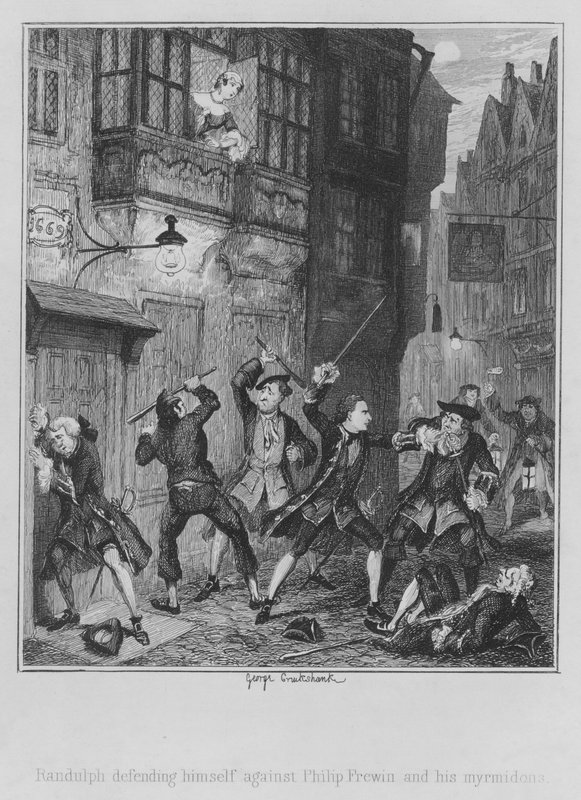 Randulph, Philip Frewin ve myrmidonlarına karşı kendini savunuyor (gravür) by George (after) Cruikshank