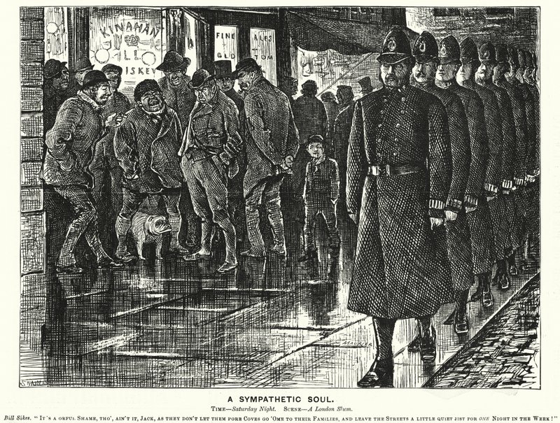 Punch karikatür: Sempatik Bir Ruh - Londra gecekondu mahallelerinde polislik yapmak (gravür) by George (after) Du Maurier