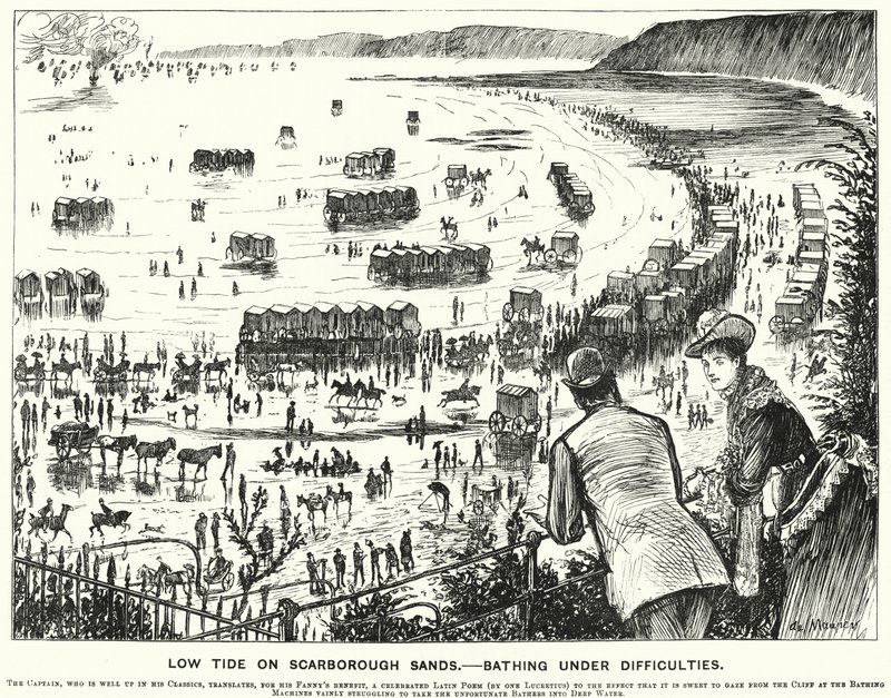 Yumruk karikatürü: Scarborough Kumlarında Düşük Gelgit - Zorluklar Altında Yıkanmak (gravür) by George (after) Du Maurier
